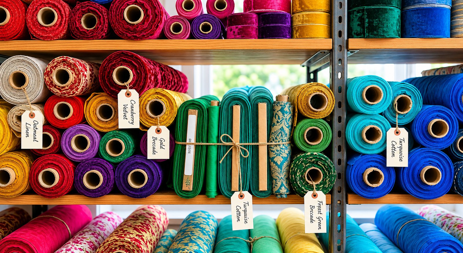 Színes textil tekercsek a polcokon — bársony, brokát, pamut, len